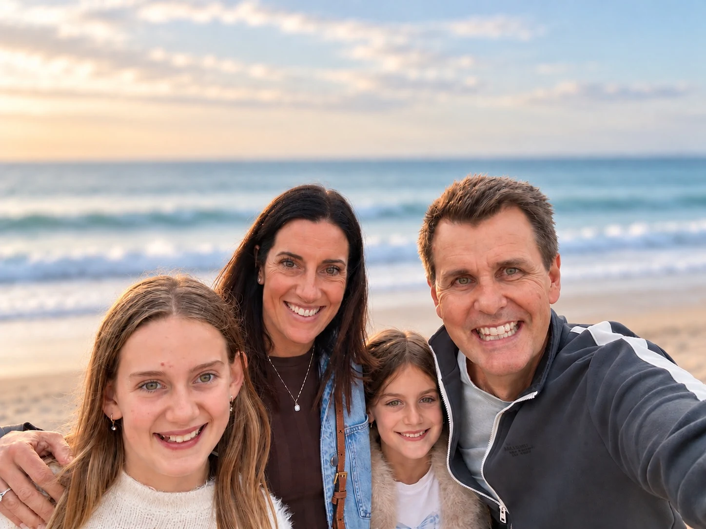 Jane with Nigel and their daughters by the coast.