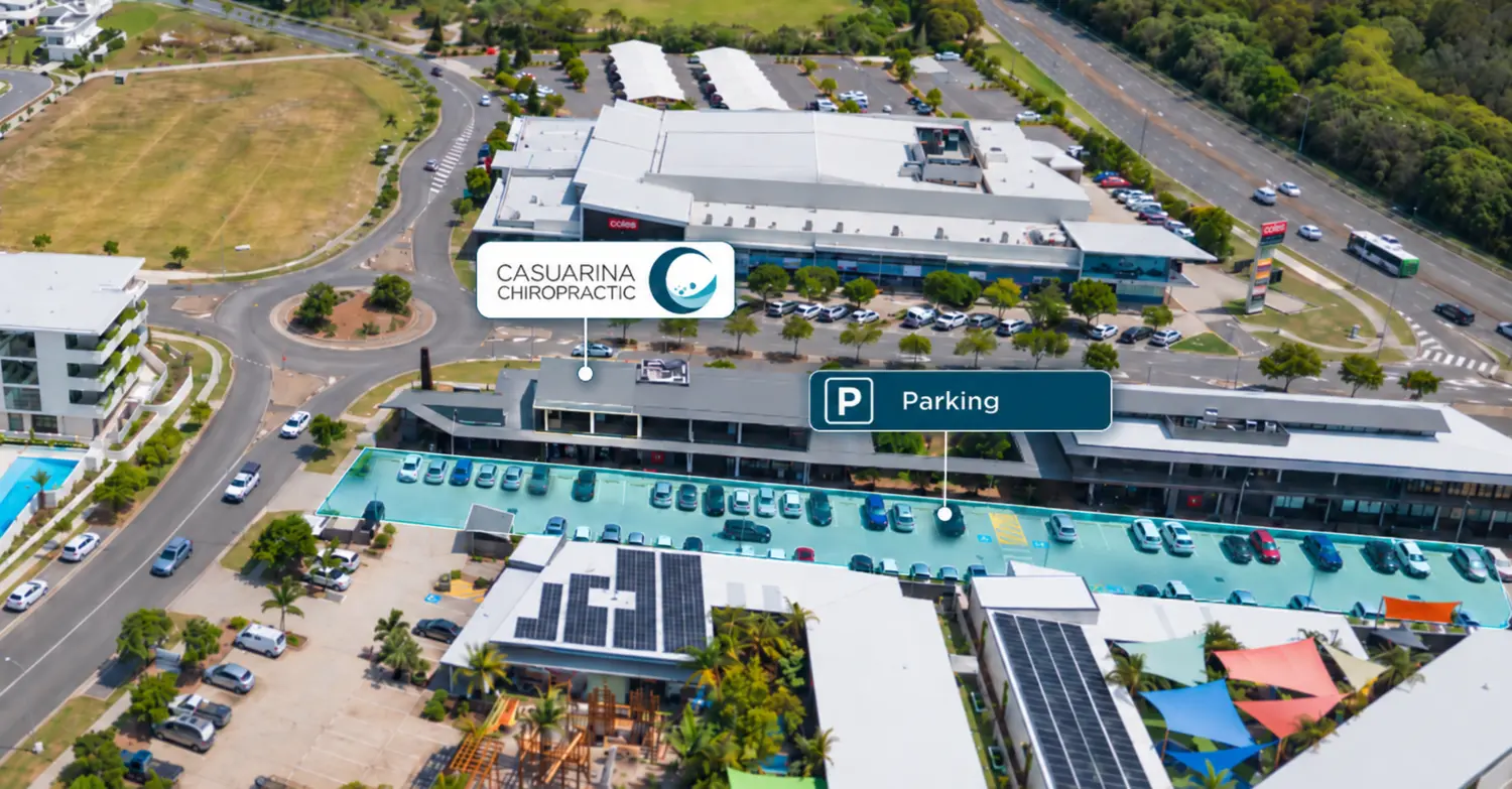 Aerial view of The Commons showing Casuarina Chiropractic and the rear car park highlighted.